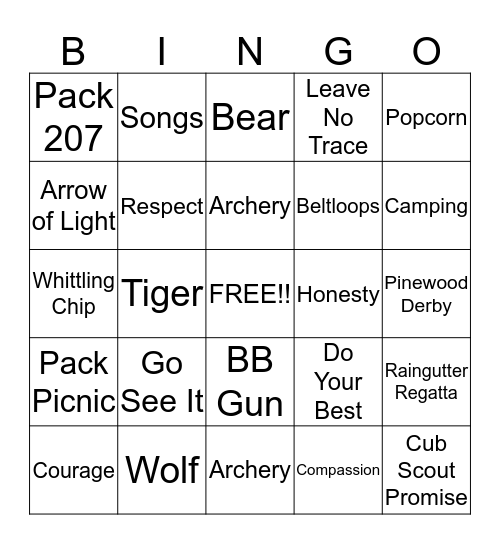 Cub Scout BINGO Card