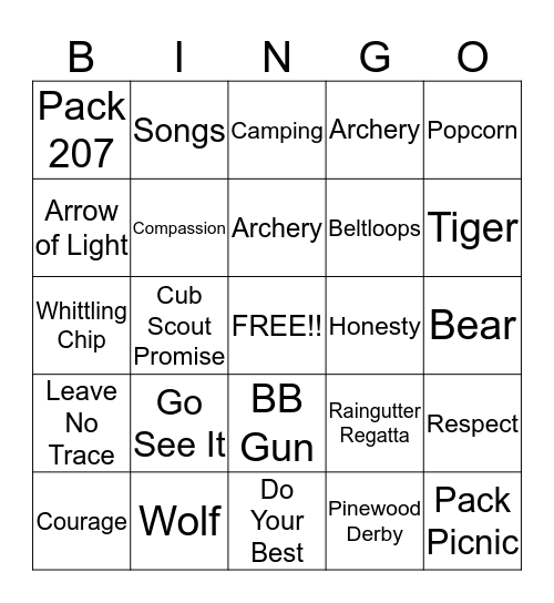 Cub Scout BINGO Card