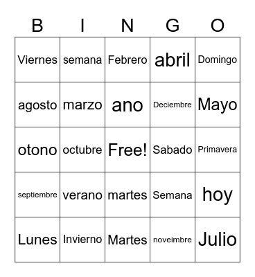 Spanish Bingo Card