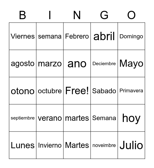 Spanish Bingo Card
