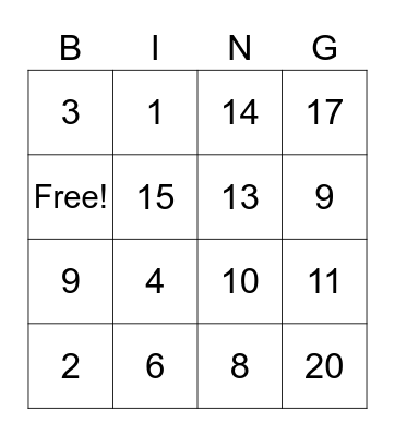 Number Bingo Card