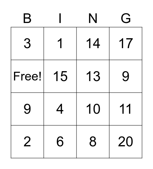 Number Bingo Card