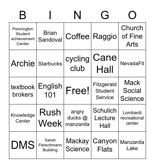 Welcome to UNR Bingo Card