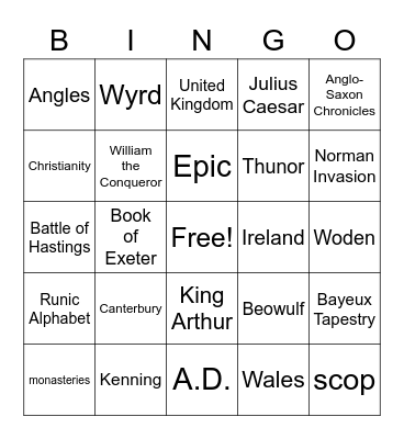 Anglo-Saxon Bingo Card