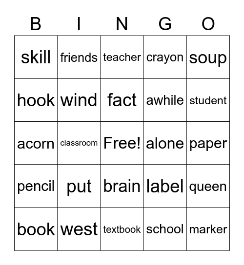 Spelling Bingo Card