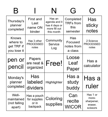 AVID Binder Check Bingo Card