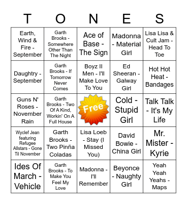 Game Of Tones 8/19/21 Game 1 Bingo Card