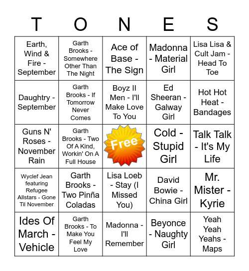 Game Of Tones 8/19/21 Game 1 Bingo Card