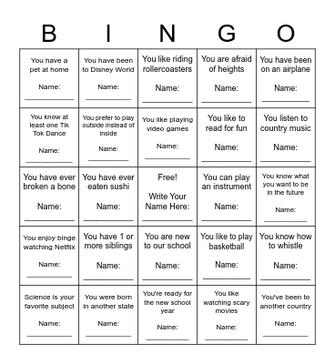 Getting to Know You (Modified) Bingo Card