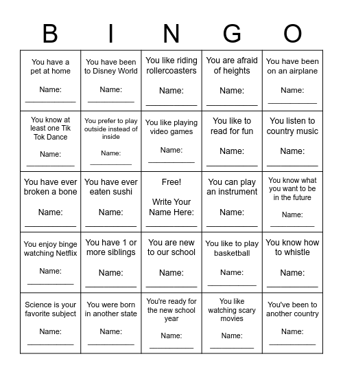 Getting to Know You (Modified) Bingo Card