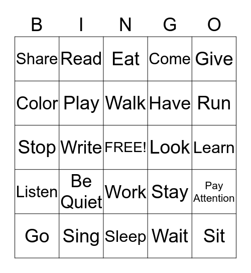 VERBS Bingo Card