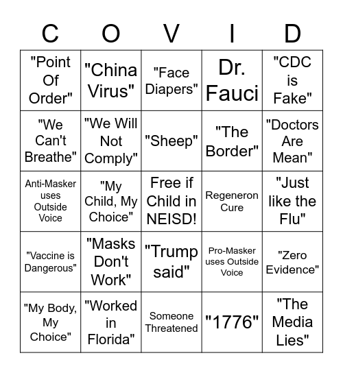 NEISD School Board COVID Bingo Card