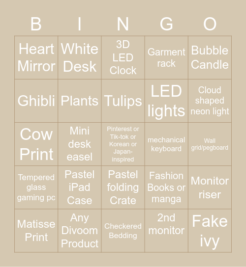 🪴☁️ 𝔸𝕖𝕤𝕥𝕙𝕖𝕥𝕚𝕔 ℝ𝕠𝕠𝕞 𝔹𝕚𝕟𝕘𝕠 🌷🐄 Bingo Card