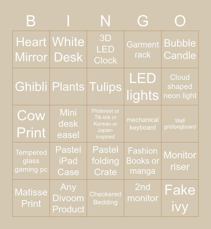 🪴☁️ 𝔸𝕖𝕤𝕥𝕙𝕖𝕥𝕚𝕔 ℝ𝕠𝕠𝕞 𝔹𝕚𝕟𝕘𝕠 🌷🐄 Bingo Card