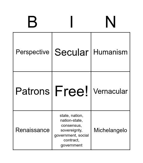 Renaissance Bingo Card