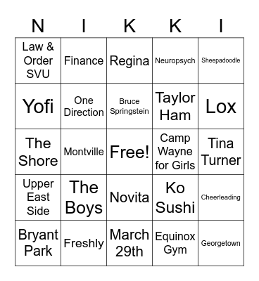 Nikki's Bridal Bingo Card