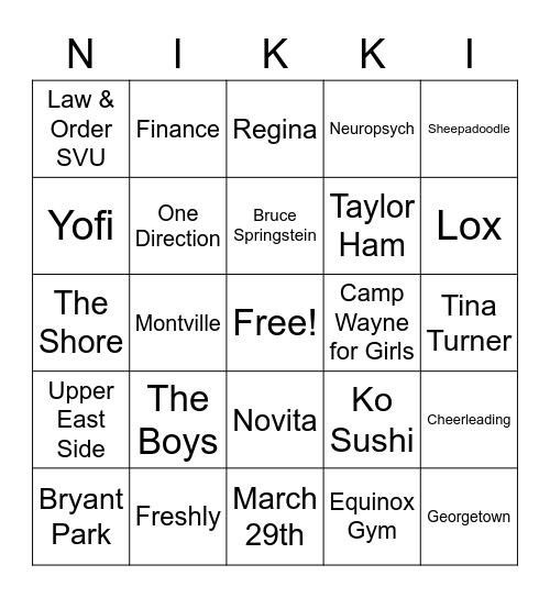 Nikki's Bridal Bingo Card