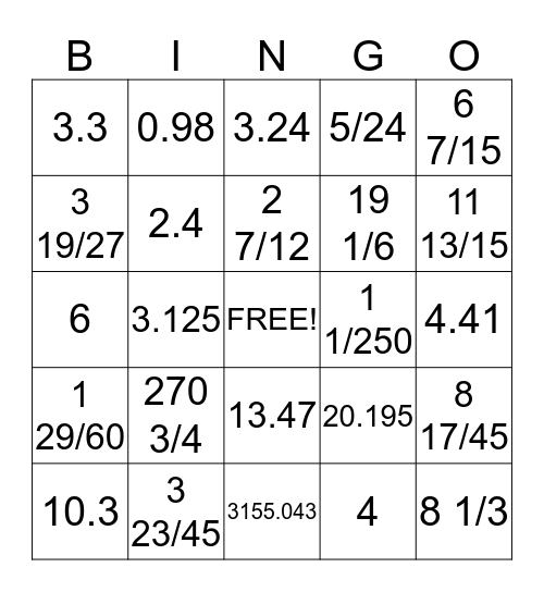 Fraction & Decimal Operations Bingo Card