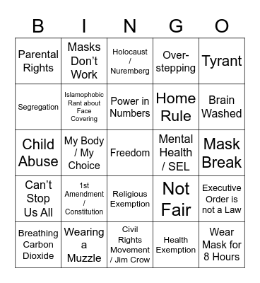Anti-Mask Board of Ed Meeting Bingo Card
