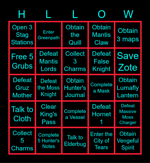 Hollow Knight Race Bingo Card