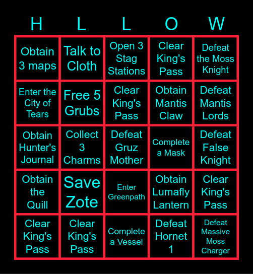 Hollow Knight Race Bingo Card