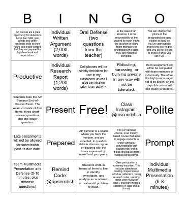 Ms. Conde's AP Seminar Syllabus Bingo Card