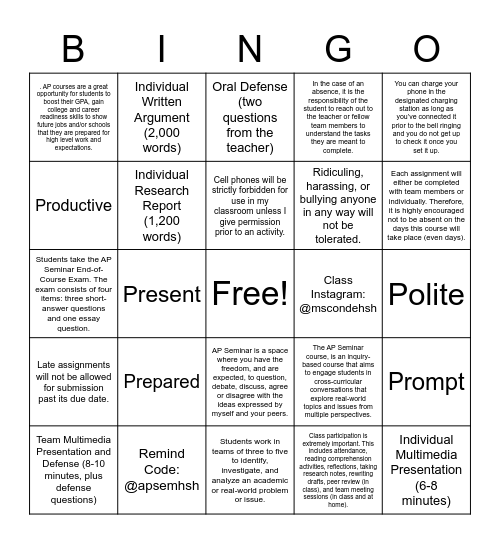 Ms. Conde's AP Seminar Syllabus Bingo Card