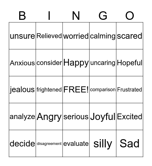 Reflecting Words Bingo Card