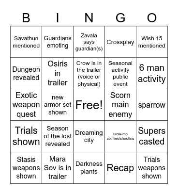 Season 15 Bingo Card