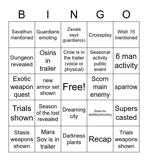 Season 15 Bingo Card