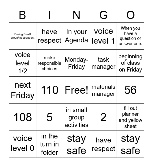 Expectations and Rules Bingo Card