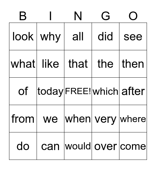 Sight Word BINGO Card