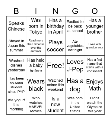 Getting to Know you Bingo Card