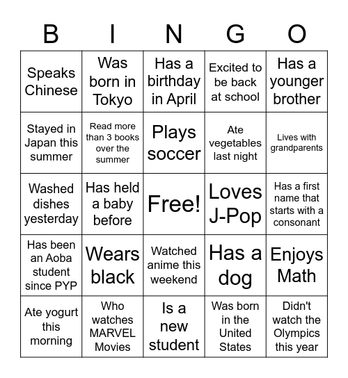 Getting to Know you Bingo Card