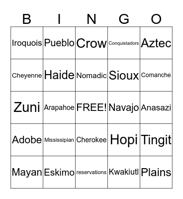 Pre-Columbian Art Bingo Card