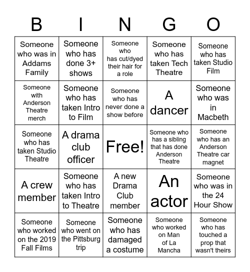 Anderson Drama Club Bingo! Bingo Card