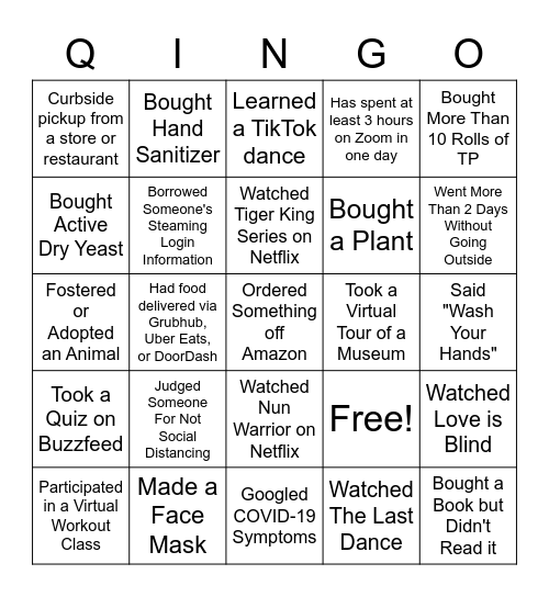 BUAD 100 Quarantine Bingo Card