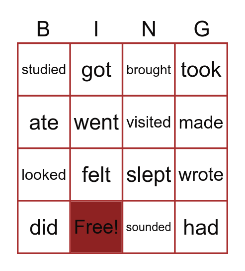 Past Verbs Bingo Card