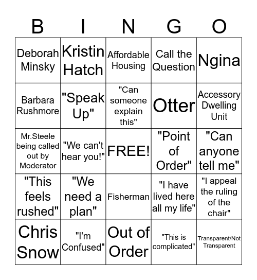 Town Meeting Bingo! Bingo Card