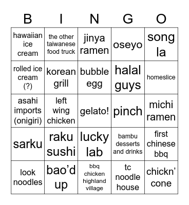 Food Places to Try! Bingo Card