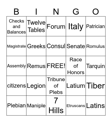 Ancient Rome - Chapter 12 Sections 1 and 2 Bingo Card