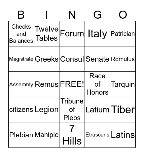Ancient Rome - Chapter 12 Sections 1 and 2 Bingo Card