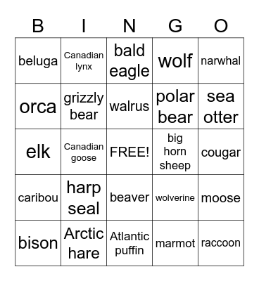 Canadian Wildlife Bingo Card