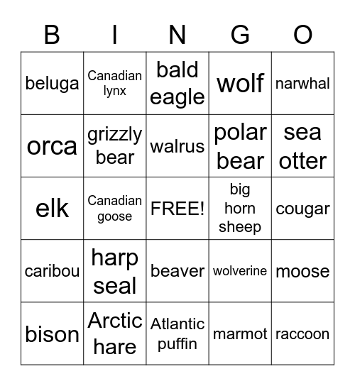 Canadian Wildlife Bingo Card