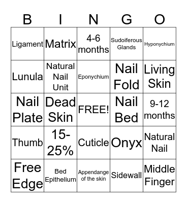 Nail Structure Bingo Card