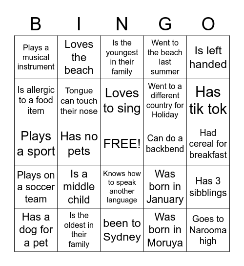 Get to know you Bingo Card