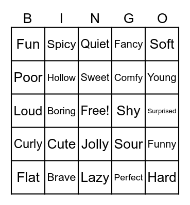 adjective Bingo Card