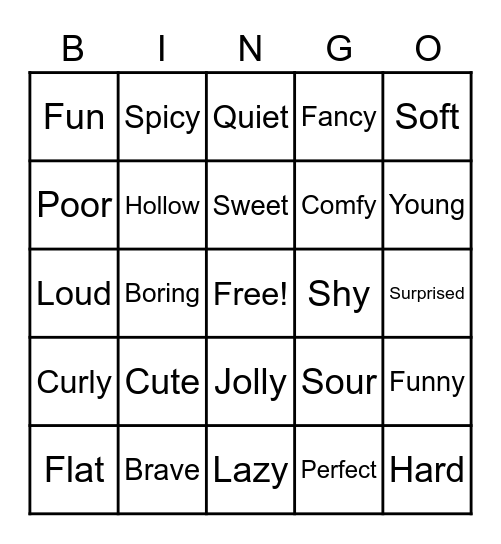 adjective Bingo Card