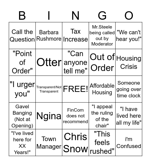 Town Meeting Bingo! Bingo Card