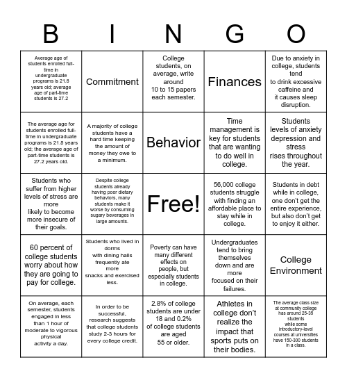 Transitioning to College Bingo Card